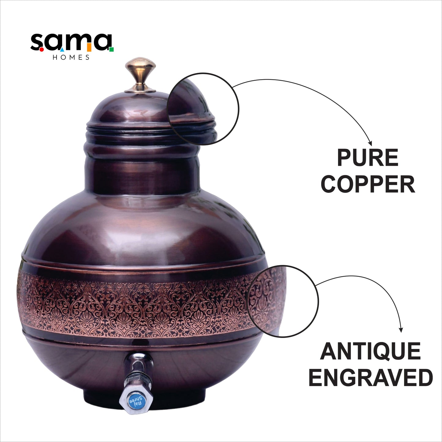 Pure Copper Water Dispenser Antique Engraved Ghada/Pot  Capacity