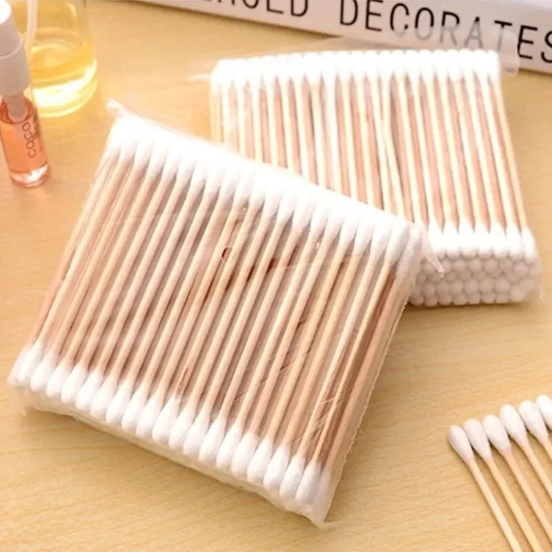 100pcs/500pcs Double Head Wooden Cotton Swabs – Eco-Friendly Cotton Buds for Makeup, Ear & Nose Cleaning