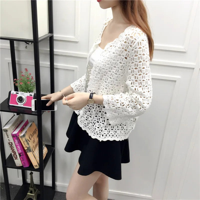 Organic Cotton Lace Hollow Out Cardigan – Lightweight Ethnic Shawl, Open Front, Breathable Knit