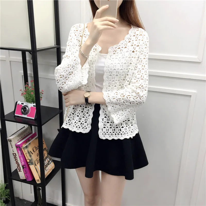Organic Cotton Lace Hollow Out Cardigan – Lightweight Ethnic Shawl, Open Front, Breathable Knit