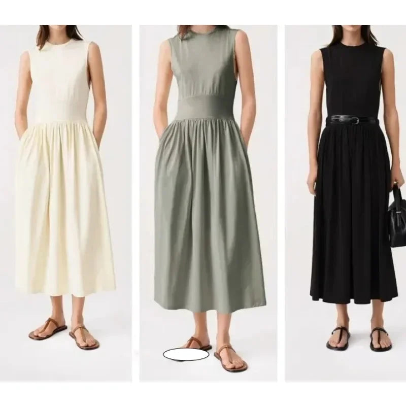 LUXURY Sage Green Organic Cotton Soft Tank Top Dress, Pleated Pocket, Waist Wrapped, Large Swing Skirt, Long Dress