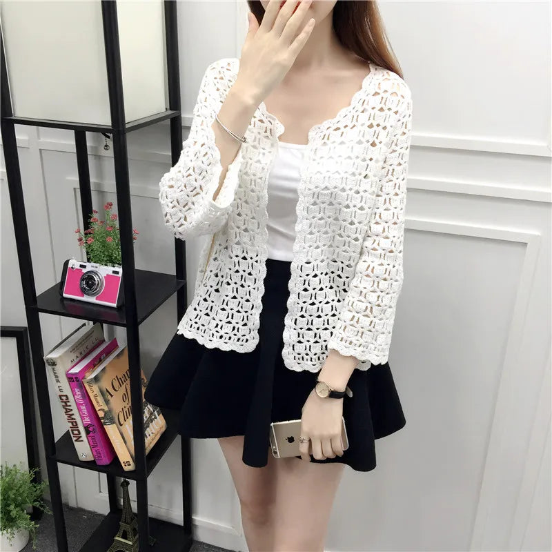 Organic Cotton Lace Hollow Out Cardigan – Lightweight Ethnic Shawl, Open Front, Breathable Knit