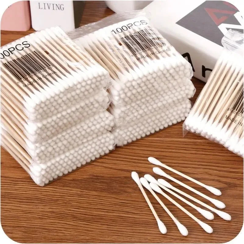 100pcs/500pcs Double Head Wooden Cotton Swabs – Eco-Friendly Cotton Buds for Makeup, Ear & Nose Cleaning