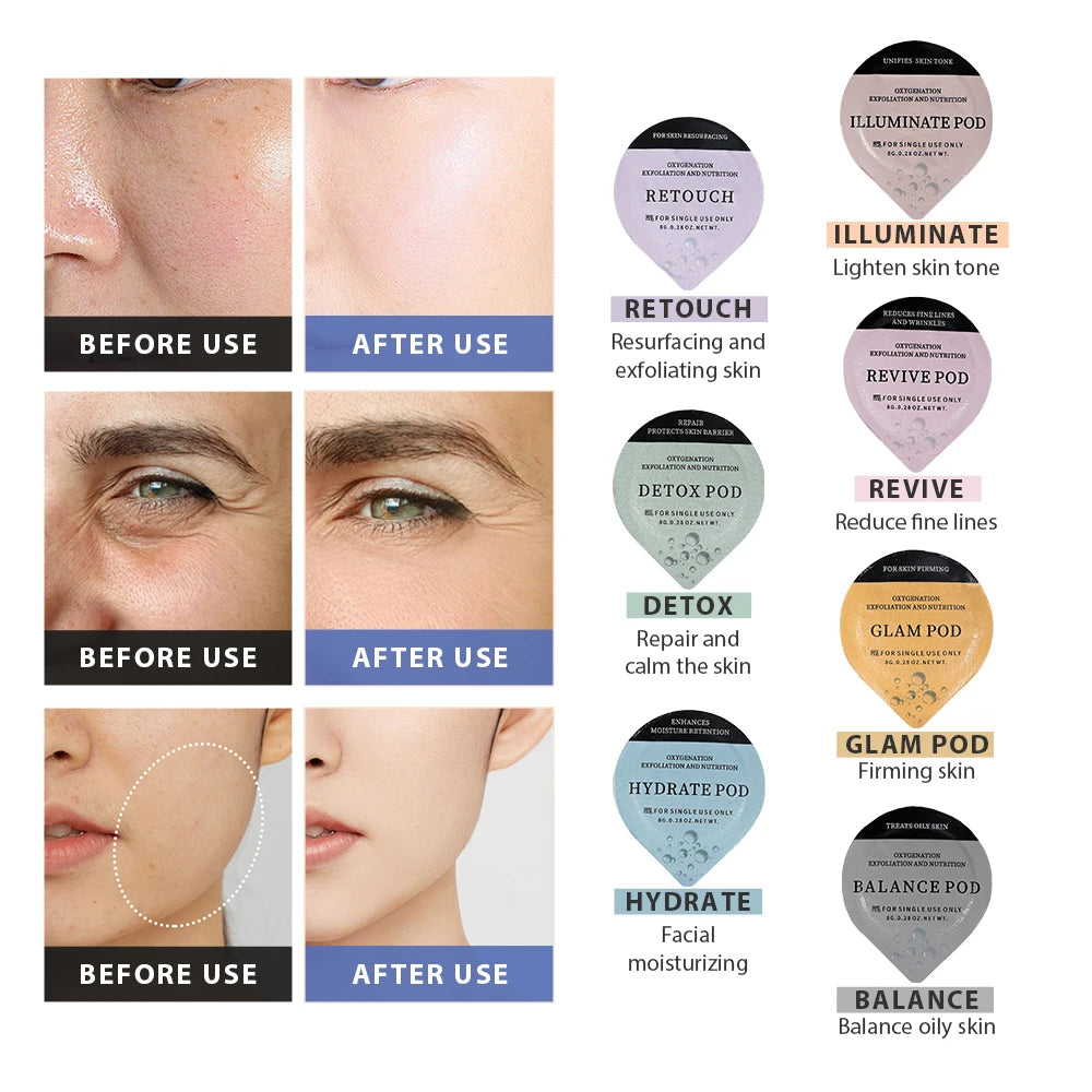Facial SPA CO2 Bubble Oxygen Beauty Machine CO2 Gel Glam Revive Illuminate Exfoliate Pods Serum Oxygen Pods Capsule Kits