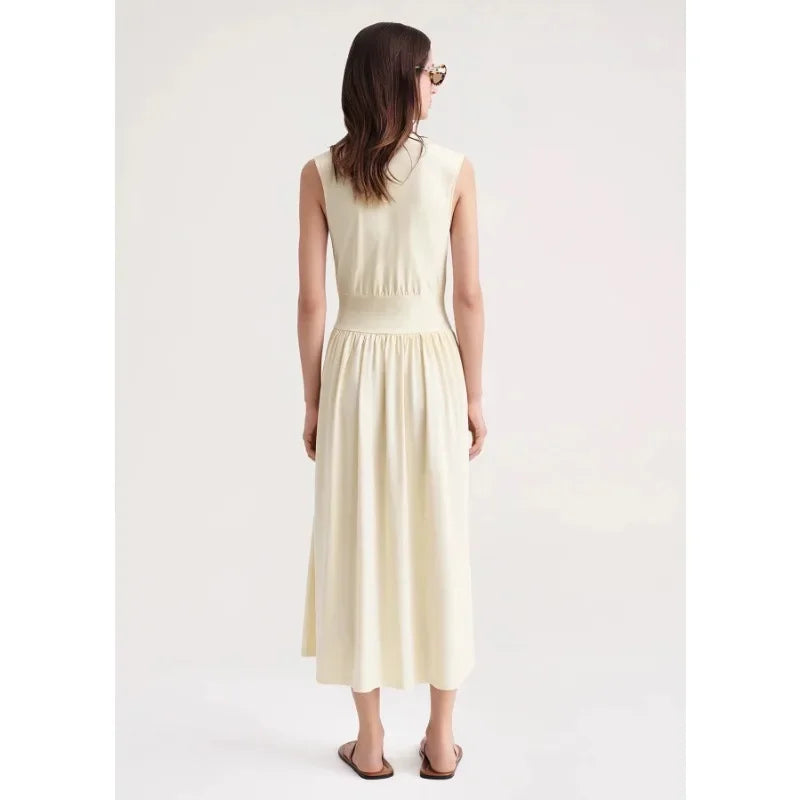 LUXURY Sage Green Organic Cotton Soft Tank Top Dress, Pleated Pocket, Waist Wrapped, Large Swing Skirt, Long Dress