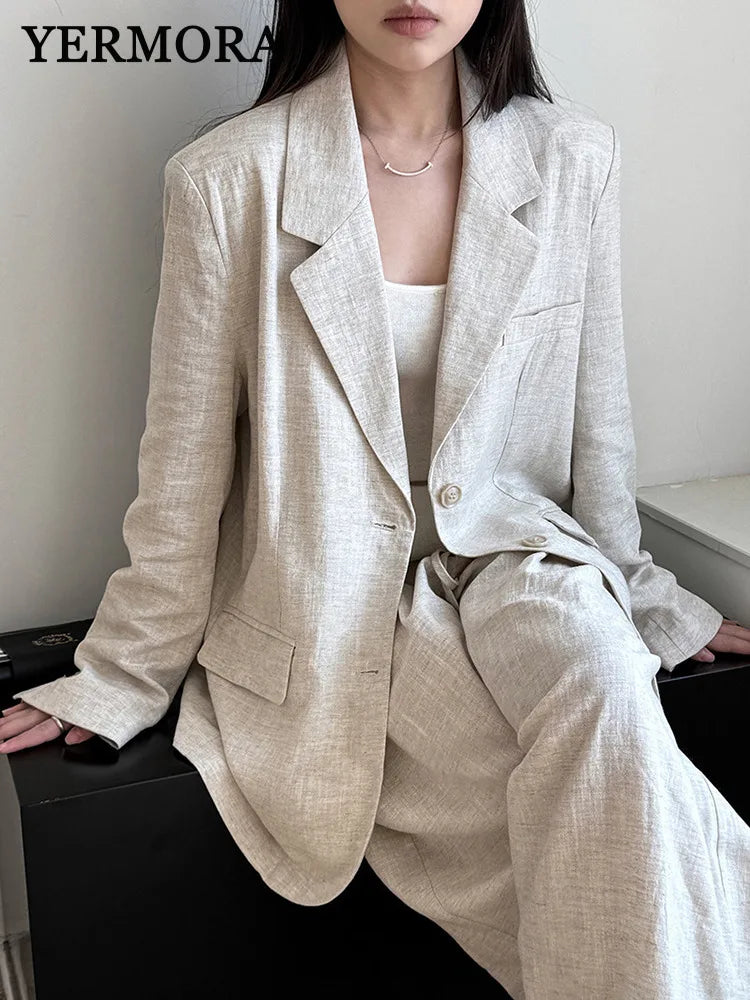 YERMORA Women’s Apricot Linen Blazer & Wide Leg Pants Set – Casual 2 Piece Outfit for Spring Summer 2025
