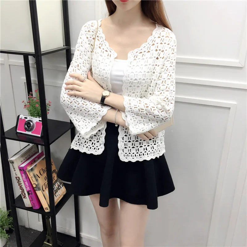 Organic Cotton Lace Hollow Out Cardigan – Lightweight Ethnic Shawl, Open Front, Breathable Knit