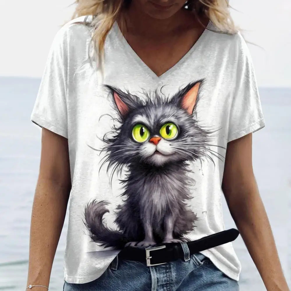 Summer Women’s Cat Print T-Shirt – Oversized Casual 3D Graphic Tee, Short Sleeve Streetwear