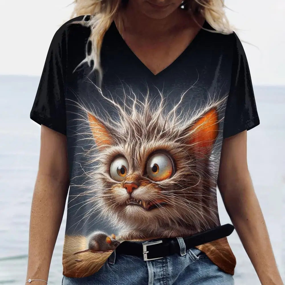 Summer Women’s Cat Print T-Shirt – Oversized Casual 3D Graphic Tee, Short Sleeve Streetwear
