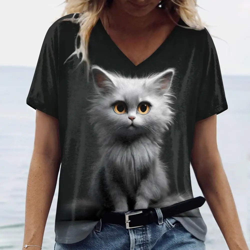 Summer Women’s Cat Print T-Shirt – Oversized Casual 3D Graphic Tee, Short Sleeve Streetwear