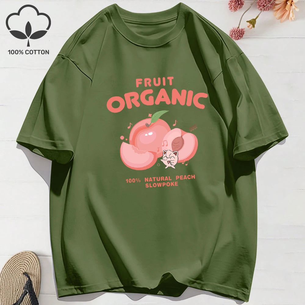 100% Cotton Summer T-Shirts for Women – Organic Peach Print Oversized O-Neck Tops