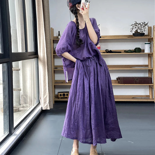 Fashionable Cotton Linen Two-Piece Set – Lantern Sleeve Top & Elastic Waist Midi Skirt for Women