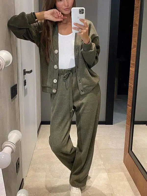 Autumn Women’s Casual Two-Piece Suit – V-Neck Cardigan Jacket & Lace-Up Sweatpants Set