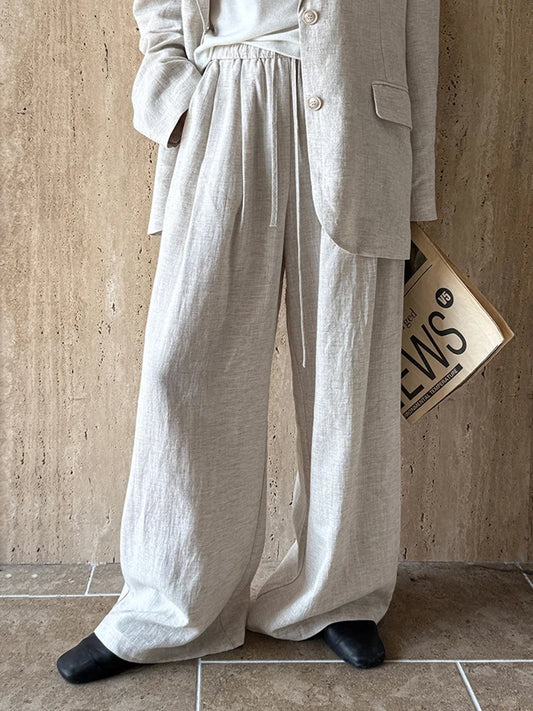 YERMORA Women’s Apricot Linen Blazer & Wide Leg Pants Set – Casual 2-Piece Outfit for Spring & Summer