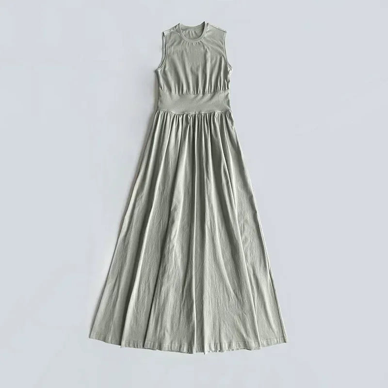 LUXURY Sage Green Organic Cotton Soft Tank Top Dress, Pleated Pocket, Waist Wrapped, Large Swing Skirt, Long Dress