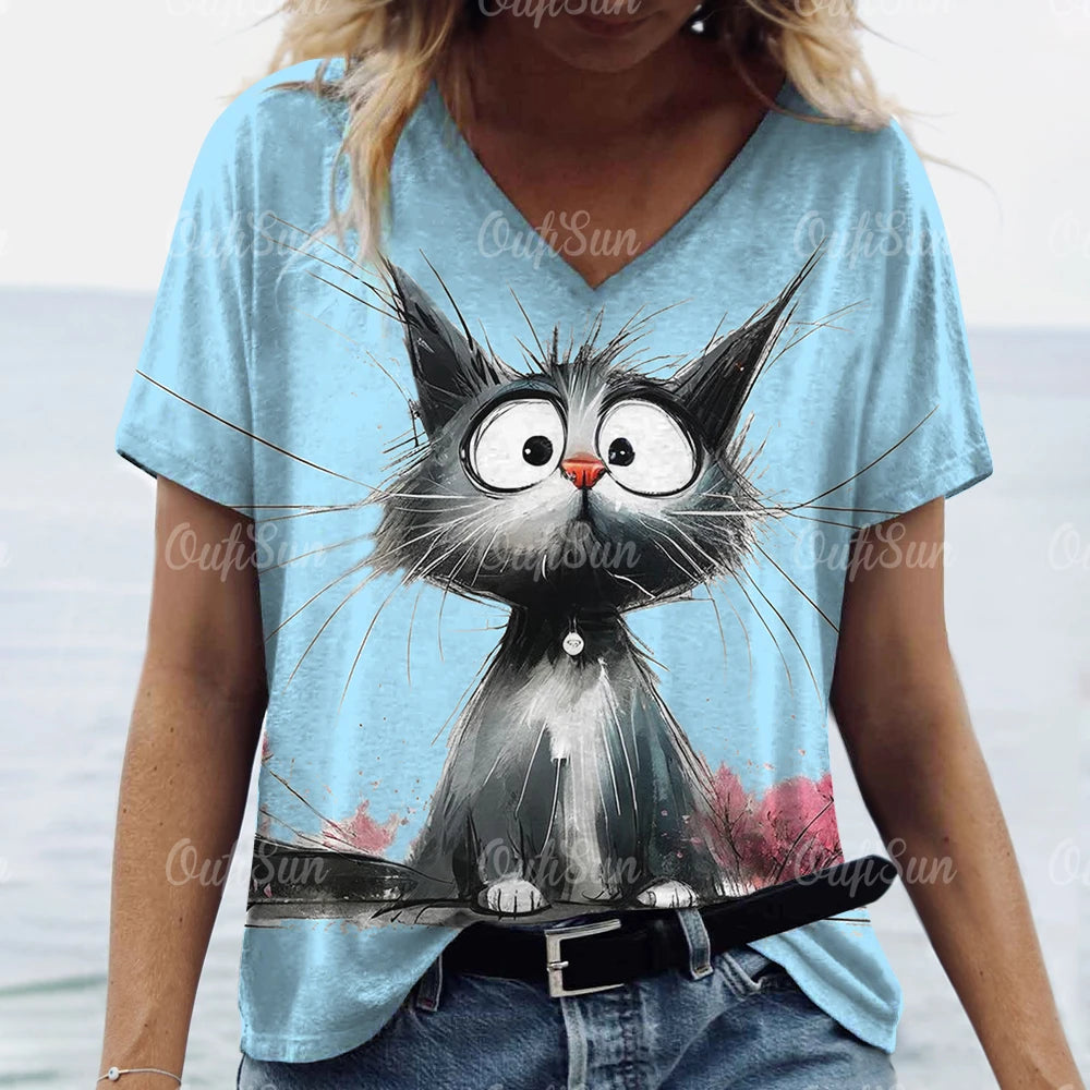 Summer Women’s Cat Print T-Shirt – Oversized Casual 3D Graphic Tee, Short Sleeve Streetwear