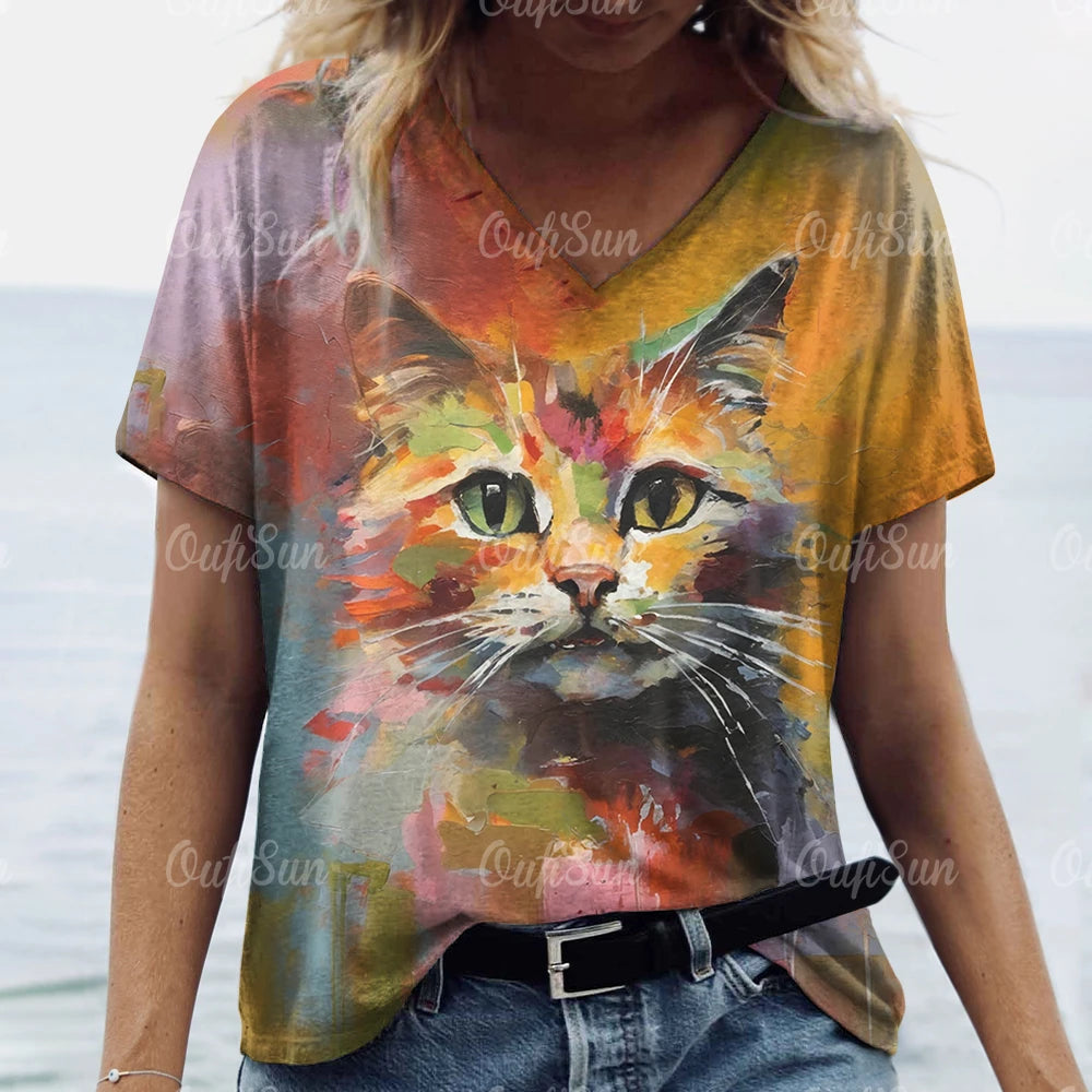 Summer Women’s Cat Print T-Shirt – Oversized Casual 3D Graphic Tee, Short Sleeve Streetwear