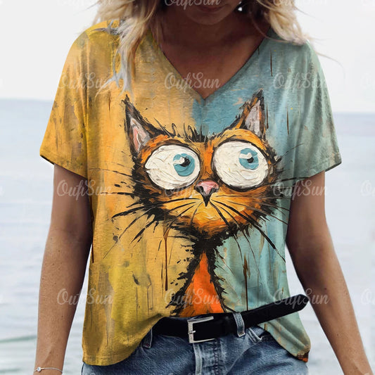 Summer Women’s Cat Print T-Shirt – Oversized Casual 3D Graphic Tee, Short Sleeve Streetwear
