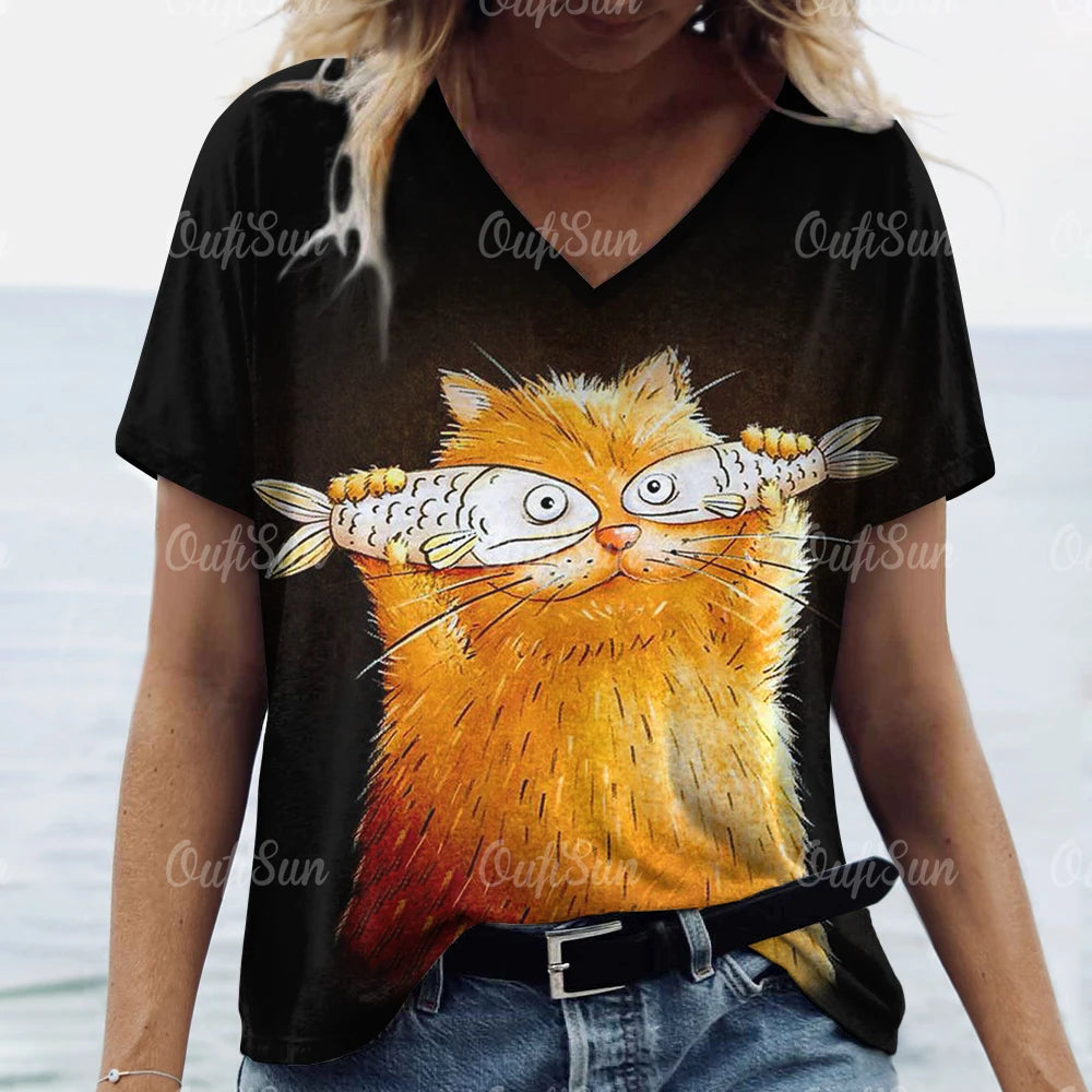 Summer Women’s Cat Print T-Shirt – Oversized Casual 3D Graphic Tee, Short Sleeve Streetwear