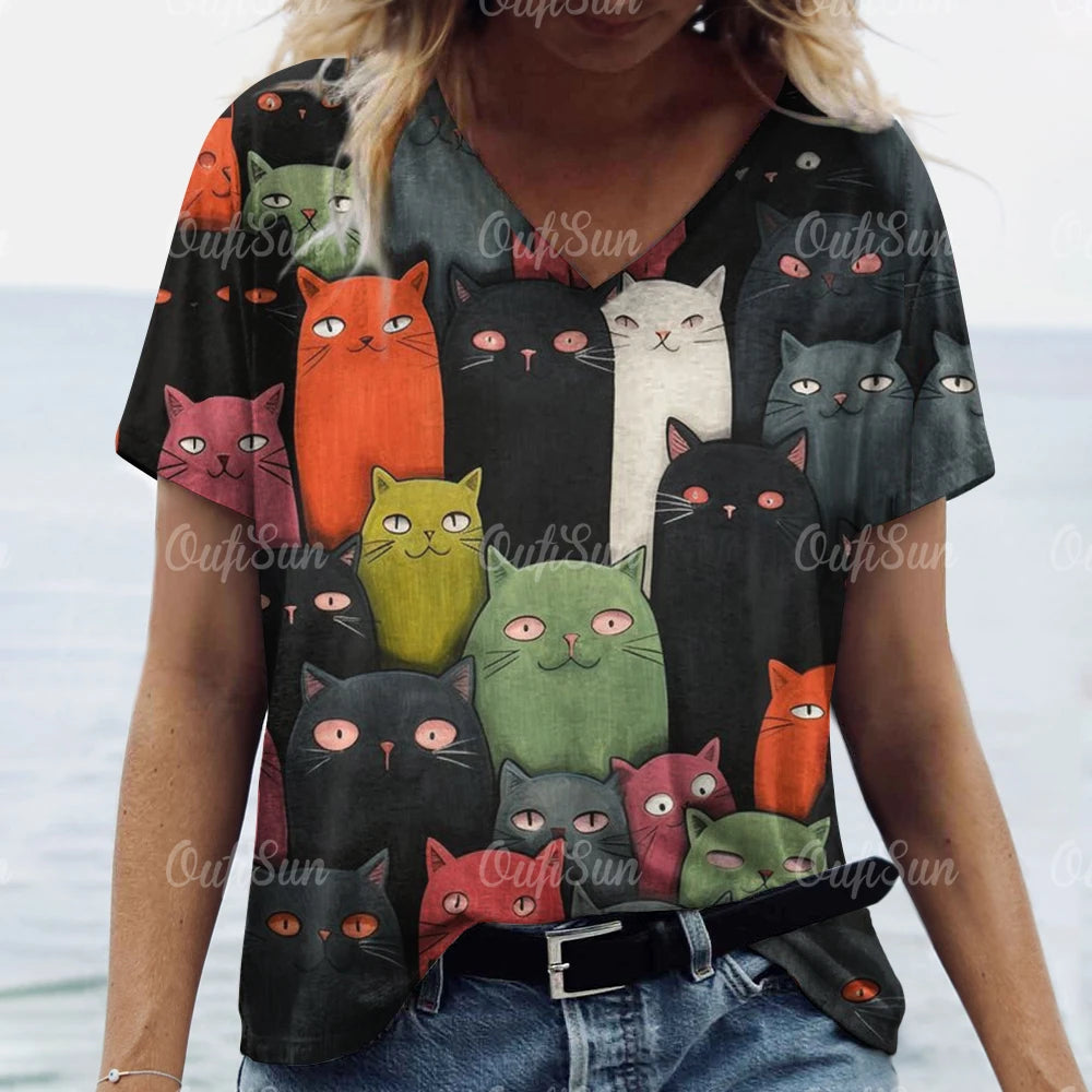 Summer Women’s Cat Print T-Shirt – Oversized Casual 3D Graphic Tee, Short Sleeve Streetwear