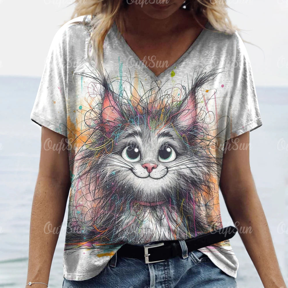Summer Women’s Cat Print T-Shirt – Oversized Casual 3D Graphic Tee, Short Sleeve Streetwear
