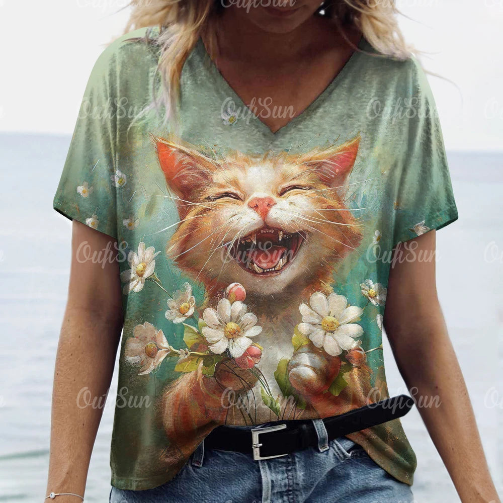 Summer Women’s Cat Print T-Shirt – Oversized Casual 3D Graphic Tee, Short Sleeve Streetwear