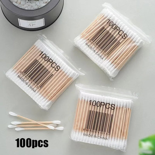 100pcs/500pcs Double Head Wooden Cotton Swabs – Eco-Friendly Cotton Buds for Makeup, Ear & Nose Cleaning