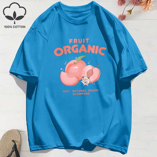 100% Cotton Summer T-Shirts for Women – Organic Peach Print Oversized O-Neck Tops