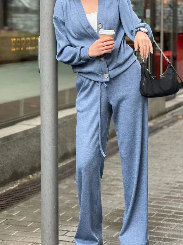 Autumn Women’s Casual Two-Piece Suit – V-Neck Cardigan Jacket & Lace-Up Sweatpants Set