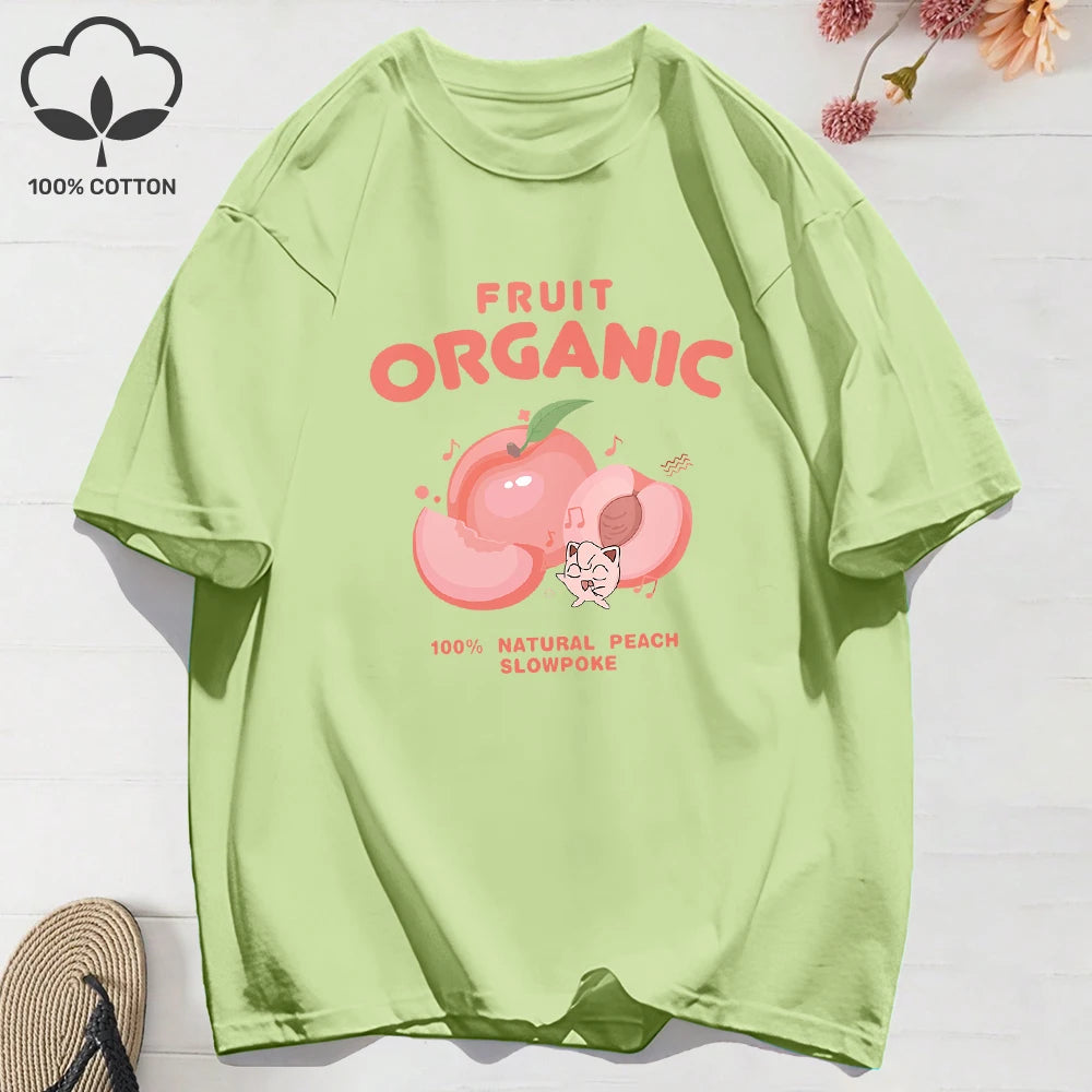 100% Cotton Summer T-Shirts for Women – Organic Peach Print Oversized O-Neck Tops