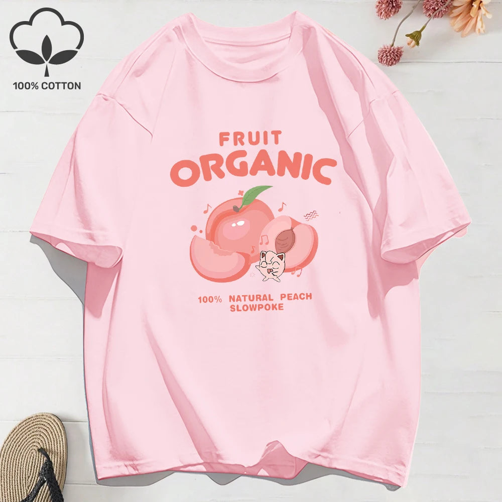 100% Cotton Summer T-Shirts for Women – Organic Peach Print Oversized O-Neck Tops
