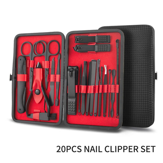 7/15/20pcs Manicure Nail Clipper Set Stainless Steel Pedicure Scissors Grooming Tool For Beauty with Black Leather Travel Case