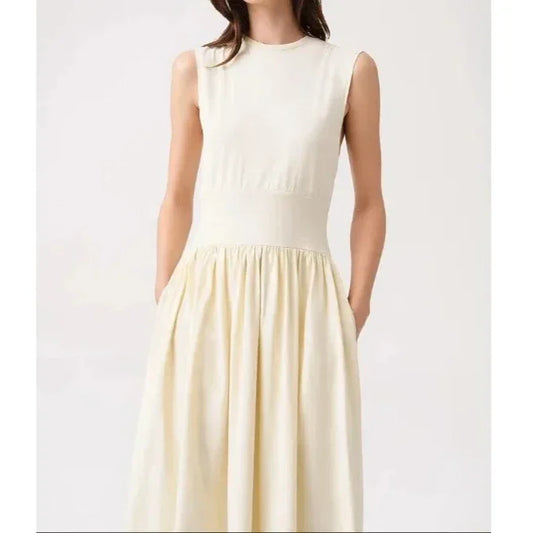 Luxury Sage Green Organic Cotton Tank Top Dress – Pleated Pocket, Waist Wrap, Swing Skirt, Long Dress