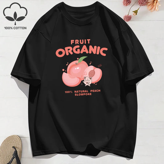 100% Cotton Summer T-Shirts for Women – Organic Peach Print Oversized O-Neck Tops