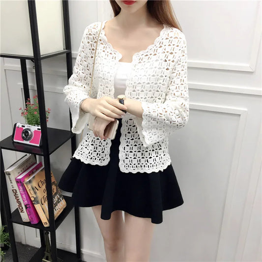 Organic Cotton Lace Hollow Out Cardigan – Lightweight Ethnic Shawl, Open Front, Breathable Knit