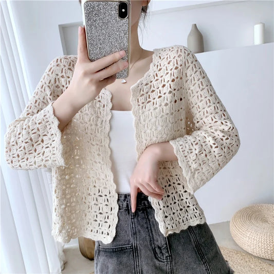 Organic Cotton Lace Hollow-Out Open Cardigan – Lightweight Ethnic Shawl, Breathable Early Autumn Cover-Up