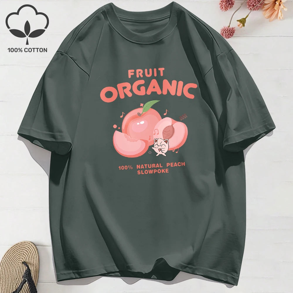 100% Cotton Summer T-Shirts for Women – Organic Peach Print Oversized O-Neck Tops