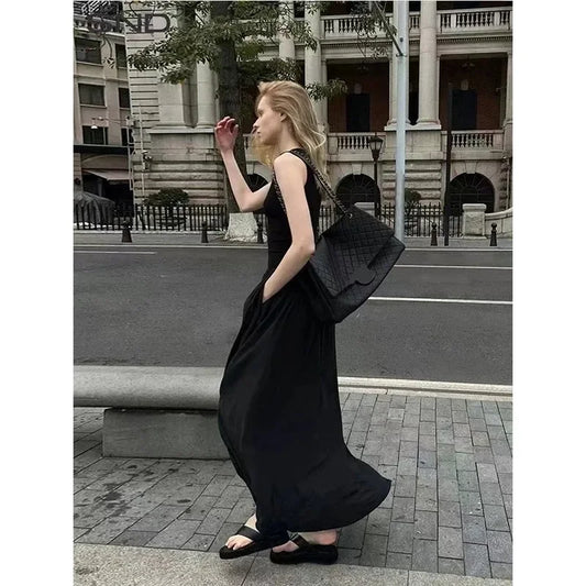 Luxury Sage Green Organic Cotton Tank Top Dress – Pleated Pocket, Waist Wrap, Swing Skirt, Long Dress