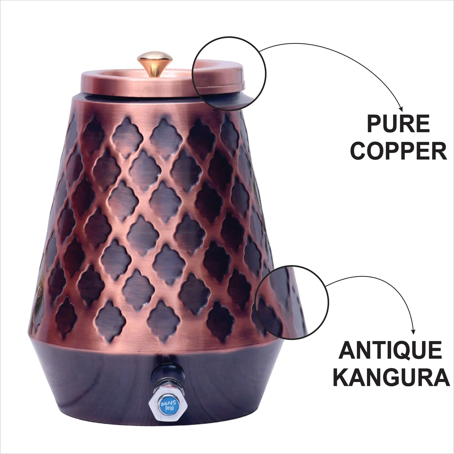 Pure Copper Water Dispenser Conical Antique Diamond Designed Capacity