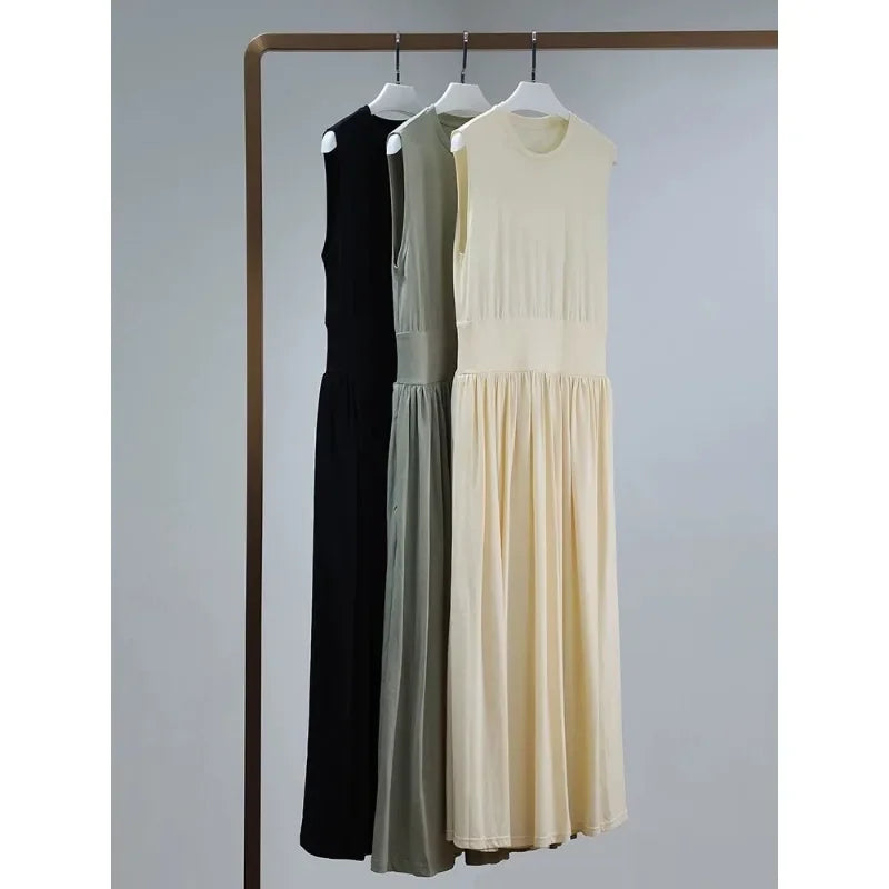 LUXURY Sage Green Organic Cotton Soft Tank Top Dress, Pleated Pocket, Waist Wrapped, Large Swing Skirt, Long Dress