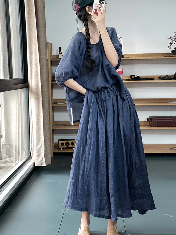 Fashionable Cotton Linen Two-Piece Set – Lantern Sleeve Top & Elastic Waist Midi Skirt for Women