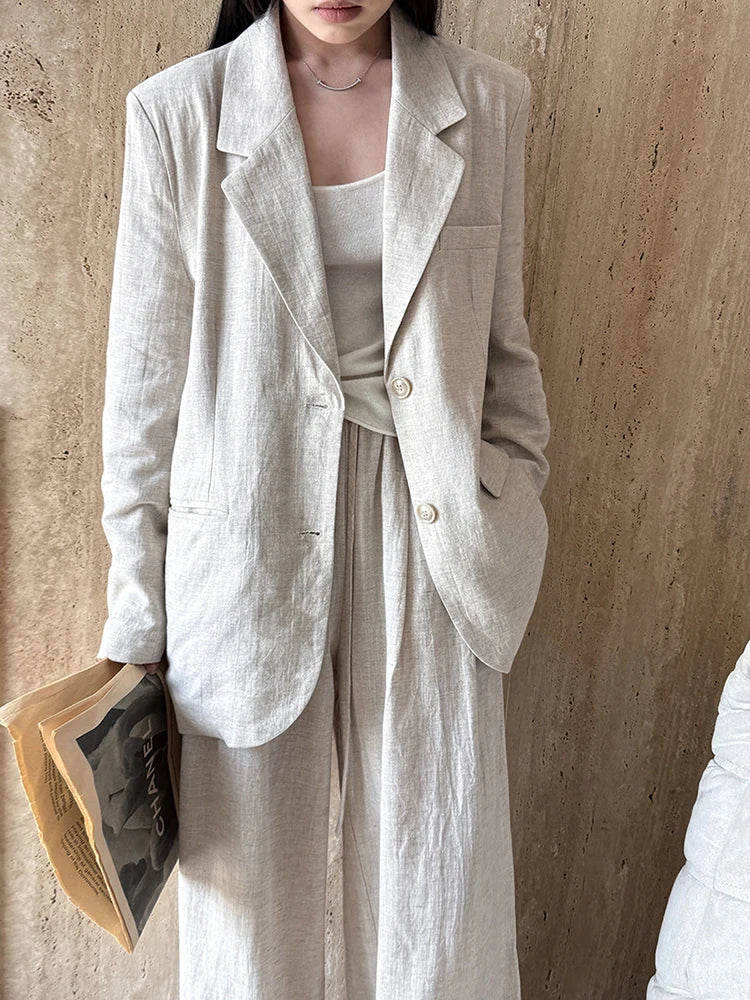 YERMORA Women’s Apricot Linen Blazer & Wide Leg Pants Set – Casual 2 Piece Outfit for Spring Summer 2025