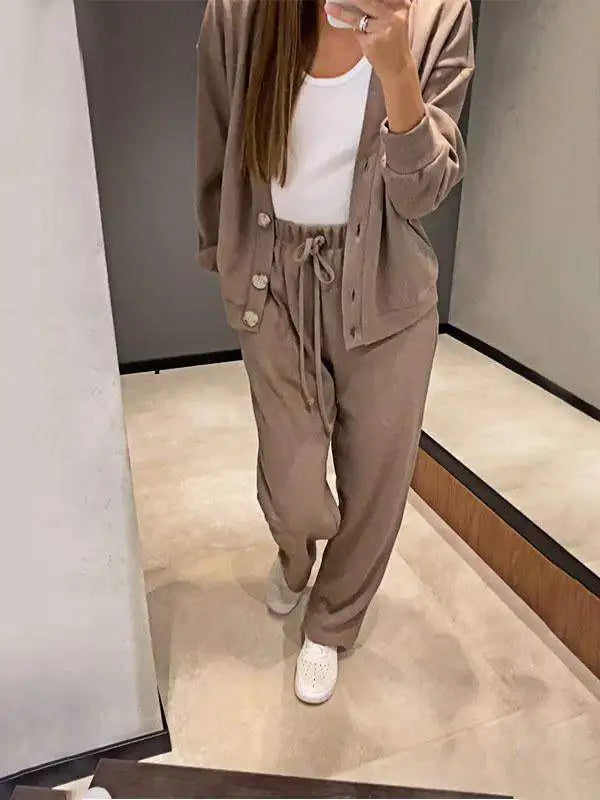Autumn Women’s Casual Two-Piece Suit – V-Neck Cardigan Jacket & Lace-Up Sweatpants Set