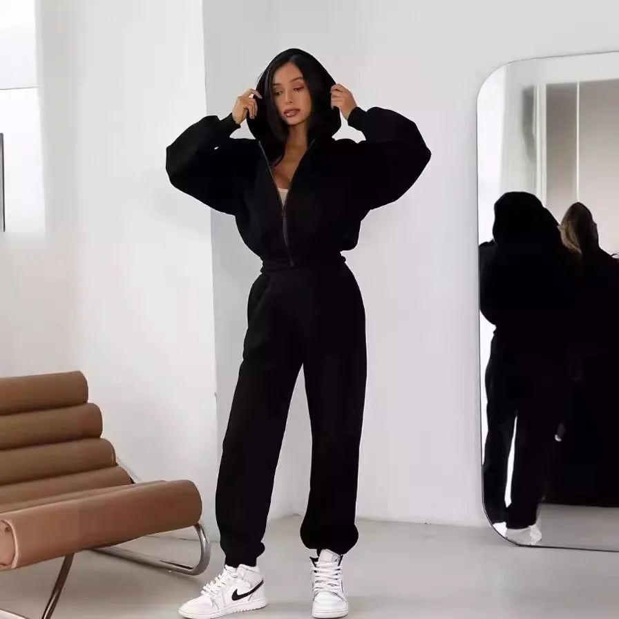 Autumn & Winter Women’s Two-Piece Tracksuit – Fashionable Hooded Zipper Sweatshirt & Leggings Set