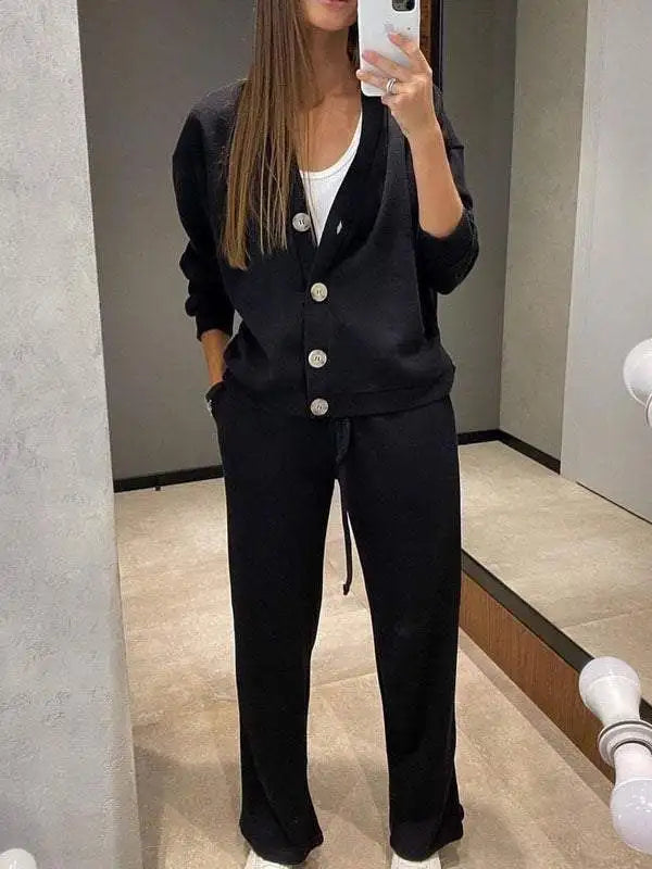 Autumn Women’s Casual Two-Piece Suit – V-Neck Cardigan Jacket & Lace-Up Sweatpants Set