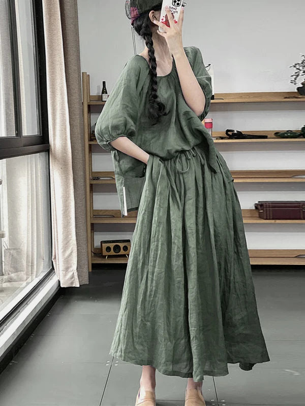 Fashionable Cotton Linen Two-Piece Set – Lantern Sleeve Top & Elastic Waist Midi Skirt for Women