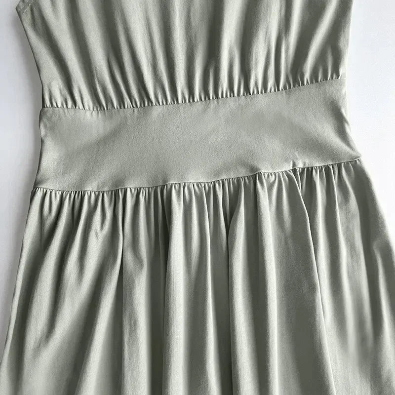 LUXURY Sage Green Organic Cotton Soft Tank Top Dress, Pleated Pocket, Waist Wrapped, Large Swing Skirt, Long Dress