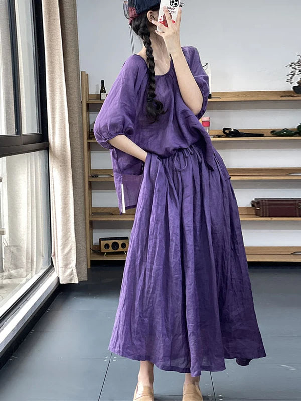 Fashionable Cotton Linen Two-Piece Set – Lantern Sleeve Top & Elastic Waist Midi Skirt for Women