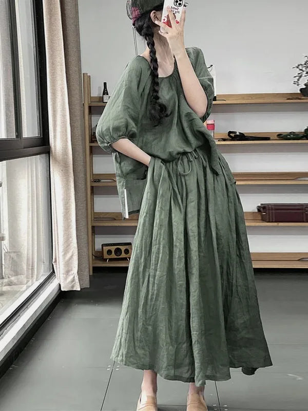 Fashionable Cotton Linen Two-Piece Set – Lantern Sleeve Top & Elastic Waist Midi Skirt for Women