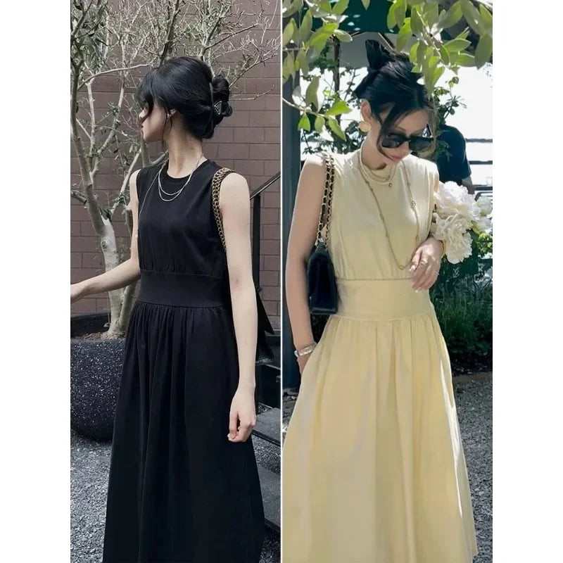 LUXURY Sage Green Organic Cotton Soft Tank Top Dress, Pleated Pocket, Waist Wrapped, Large Swing Skirt, Long Dress